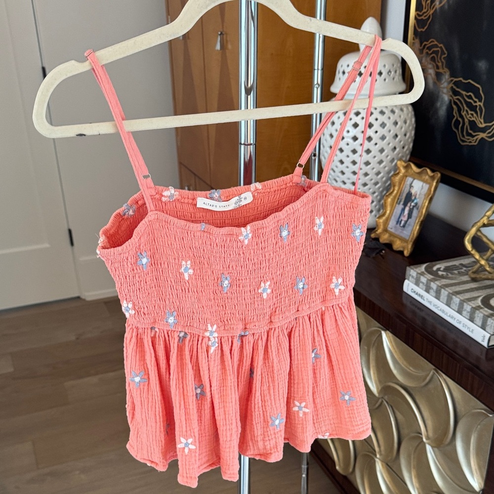 Altar'd State Coral Tank Top with Floral Embroidery